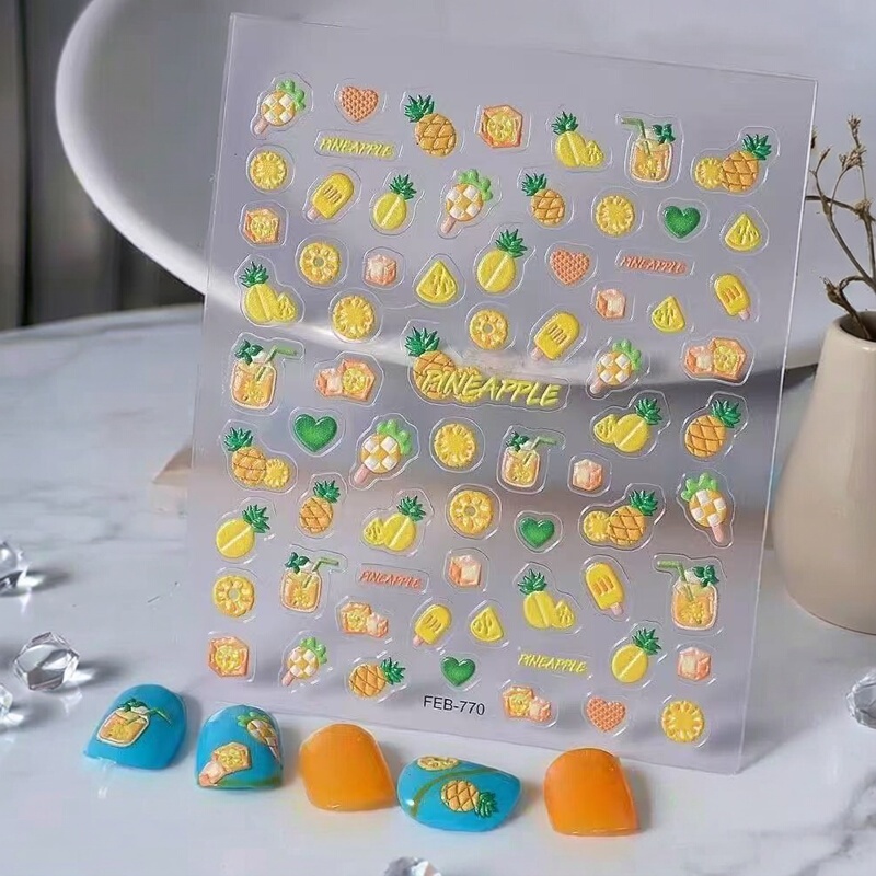 2026 New Summer Pineapple Cold Drink Embossed Nail Stickers Waterproof DIY Nail Stickers Tablet Ccd Phone Decoration