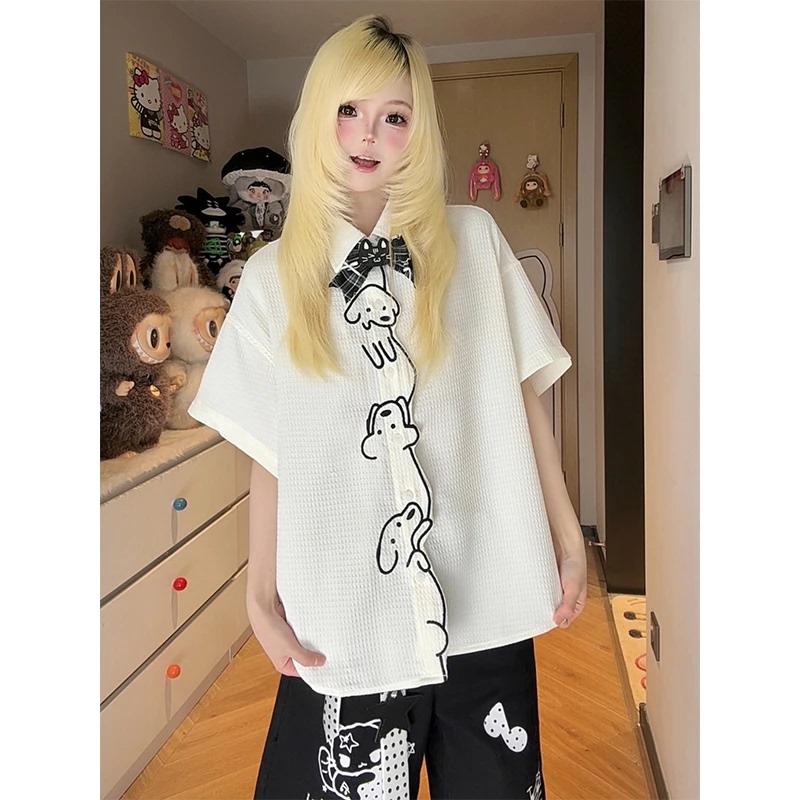 Cute and Cool Summer American Retro Fun Dog Embroidery Short-Sleeve Shirt, Loose and Versatile Casual Couple Shirt