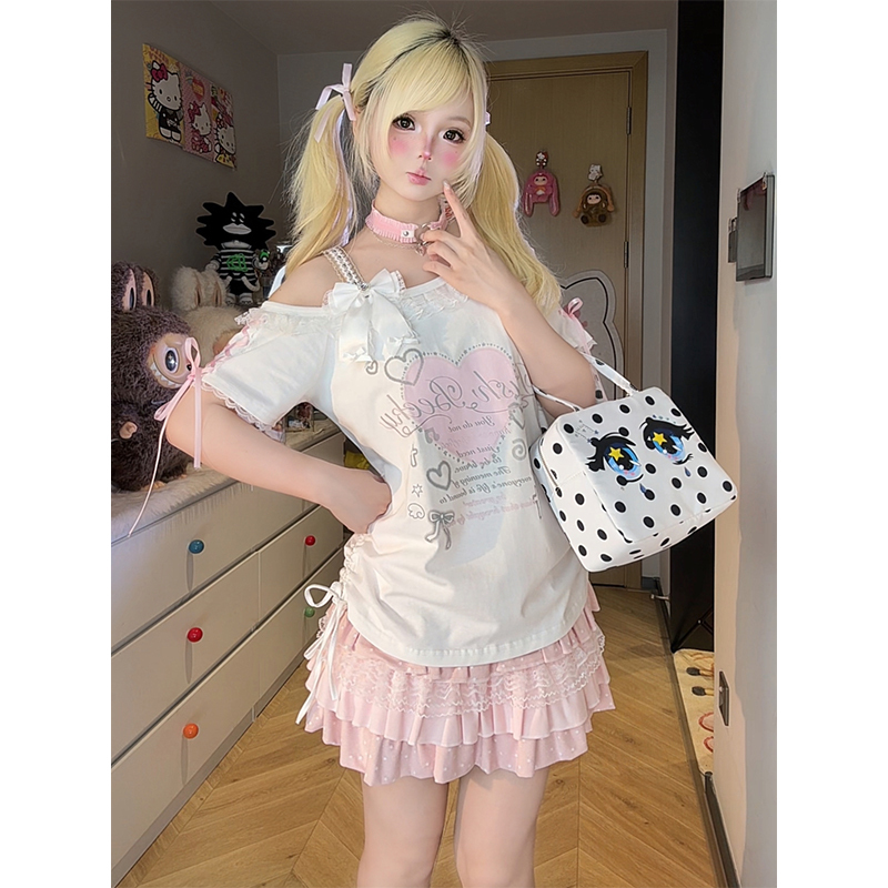 Cute and Sweet Summer Style Cartoon Print Lace Trim Drawstring Off-Shoulder T-Shirt for Women, Loose and Versatile Top Cute and Sweet Summer Style Cartoon Print Lace Trim Drawstring Off-Shoulder T-Shirt for Women, Loose and Versatile Top