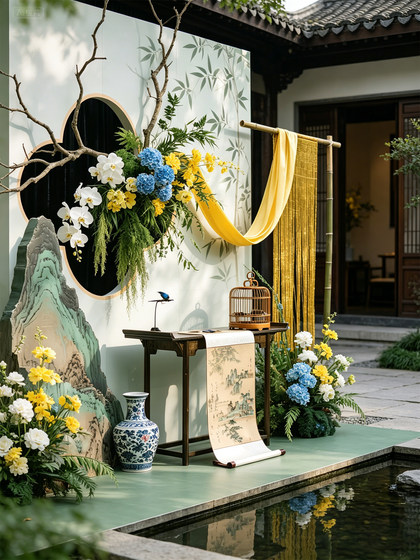 Ancient-Style Scene Setup with Artificial Floral Art, New Chinese-Style Summer Atmosphere Decoration, Simulated Green Plants, Large Floor-Standing Ornaments