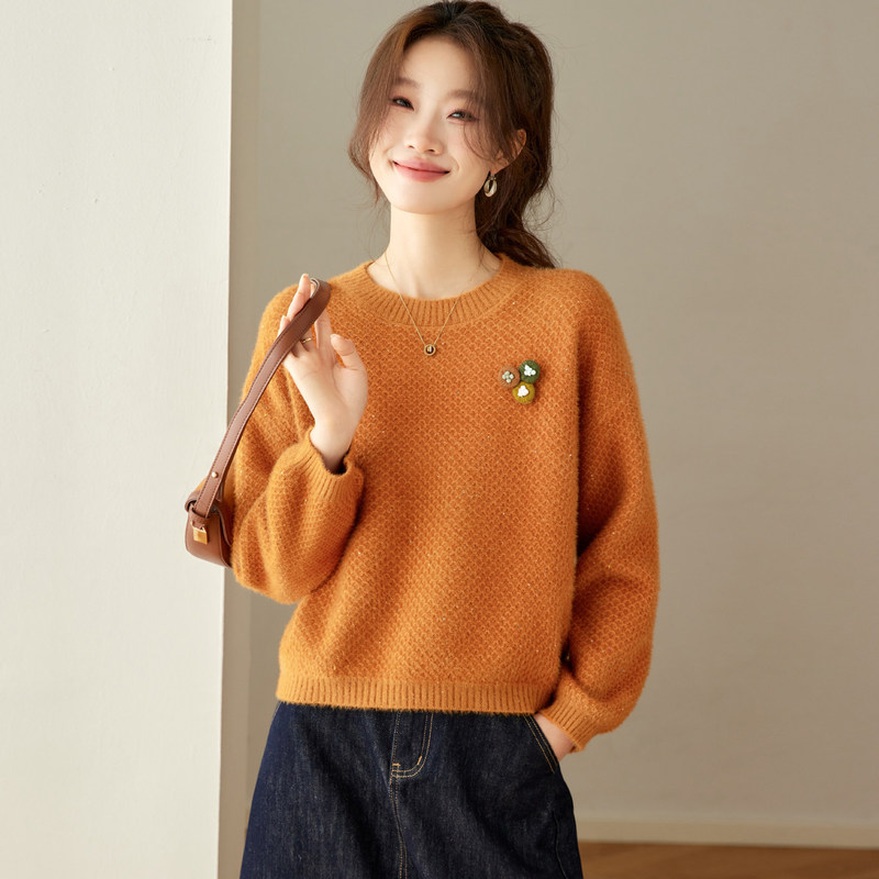 2026 New Round Neck Knit Sweater for Women, Autumn and Winter Long-Sleeve Lazy Style Orange Loose Sweater, Suitable for Petite Individuals