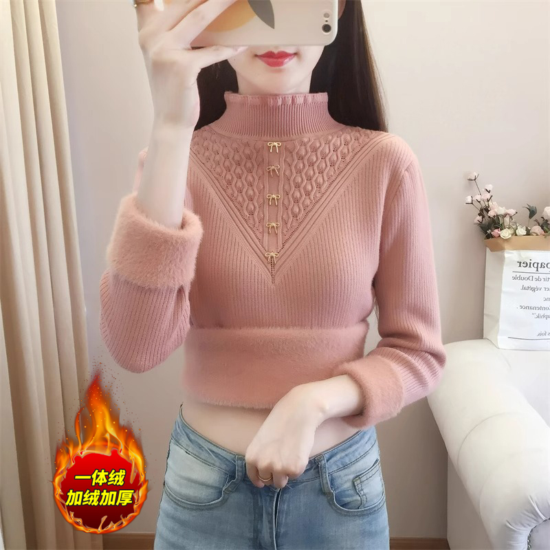Autumn and Winter Thickened One-Piece Fleece Sweater for Women, Short Versatile Half-Turtleneck Fashionable Versatile Fleece-Lined Knitted Inner Layer Base Shirt Autumn and Winter Thickened One-Piece Fleece Sweater for Women, Short Versatile Half-Turtleneck Fashionable Versatile Fleece-Lined Knitted Inner Layer Base Shirt