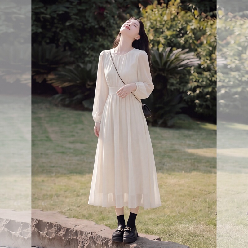 Casual French-Style Gentle Long-Sleeved Dress for Women, Autumn Fresh Style, Waist-Cinching, Mid-Length, High-End and Elegant Long Dress