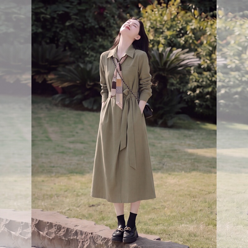 Smart and Stylish Green Long-Sleeved Shirt Dress with a Lapel for Women, Versatile for Autumn, Waist-Cinching with a Tie, Slimming Long Dress Smart and Stylish Green Long-Sleeved Shirt Dress with a Lapel for Women, Versatile for Autumn, Waist-Cinching with a Tie, Slimming Long Dress