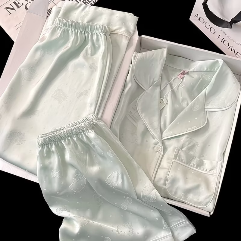 Women's Summer Pajamas, Ice Silk, Cool Feeling, Polka Dots, Cute Kitten, Short Sleeves, 2026 New Style, Can Be Worn Outside, Home Wear Set
