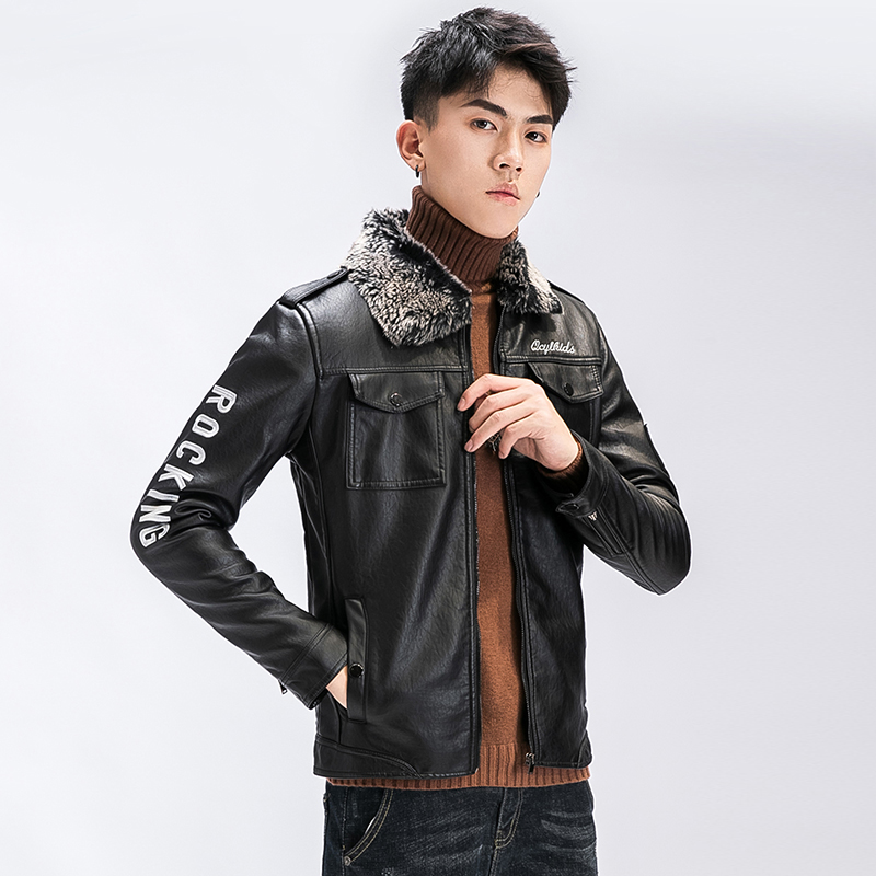 Thu / áo khoác da mùa đông của nam giới cộng với nhung trẻ dày ve áo jacket da len-tóm cổ da đầu máy áo khoác lông thú áo khoác sinh viên