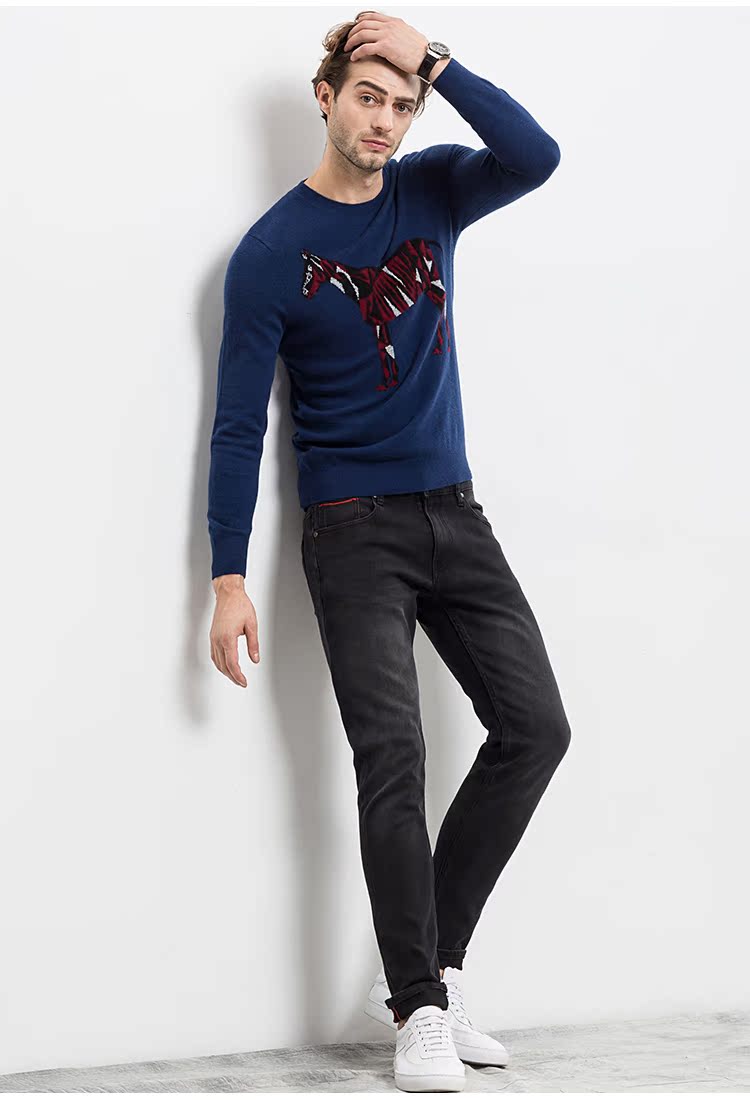 Chăm sóc ấm 30% cashmere nặng jacquard craft Áo len nam mùa đông cổ tròn Áo len cashmere quần áo giữ nhiệt nam