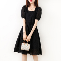 CATHYLADI bubble sleeve lace square collar dress waist thin temperament retro hollow flower A- line dress summer