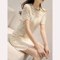 CATHYLADI socialite elegant dress soft and comfortable short sleeve cotton lace neckline show figure figure lace long skirt