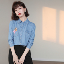 CATHYLADI Squirrel Heavy Industry Embroidery Denim Age-reduction Atmosphere Simple Overlay Single Wear Top Shirt Shirt