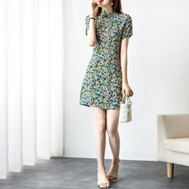 CATHYLADI retro collar bead buckle floral dress temperament simple waist thin temperament long A- line dress