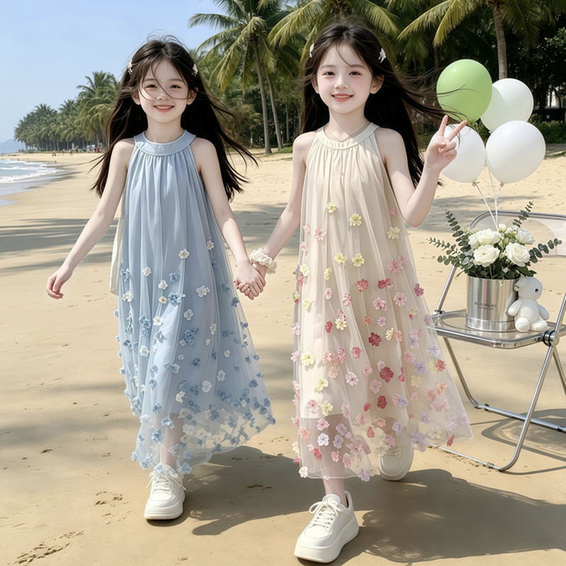 Girls' Dress Summer Wear 2026 New Style Big Children's Princess Dress with Three-Dimensional Flowers Sweet Little Girl Summer Dress