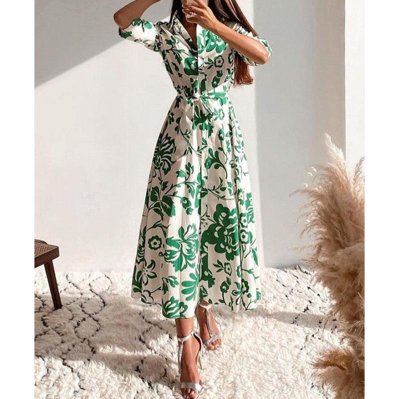 Cross-Border New In-Stock Women's Clothing Amazon Aliexpress Printed Versatile Long-Sleeve Collared Shirt Dress