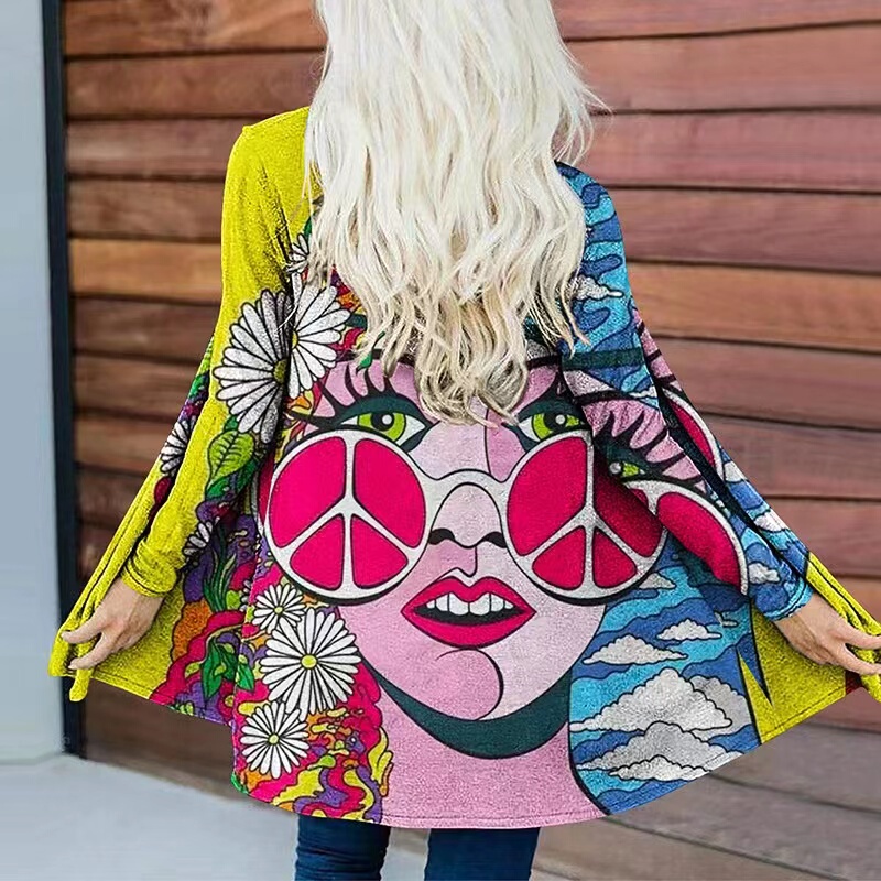 Cross-Border Foreign Trade European and American Style Women's Printed Trench Coat Amazon Long-Sleeve Cardigan Casual Cape Coat Trendy
