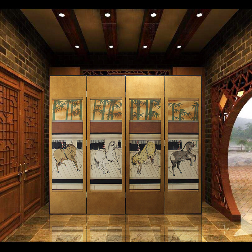 New Chinese living room gold foil made old screen wine building decorated into folding partition solid wood painting