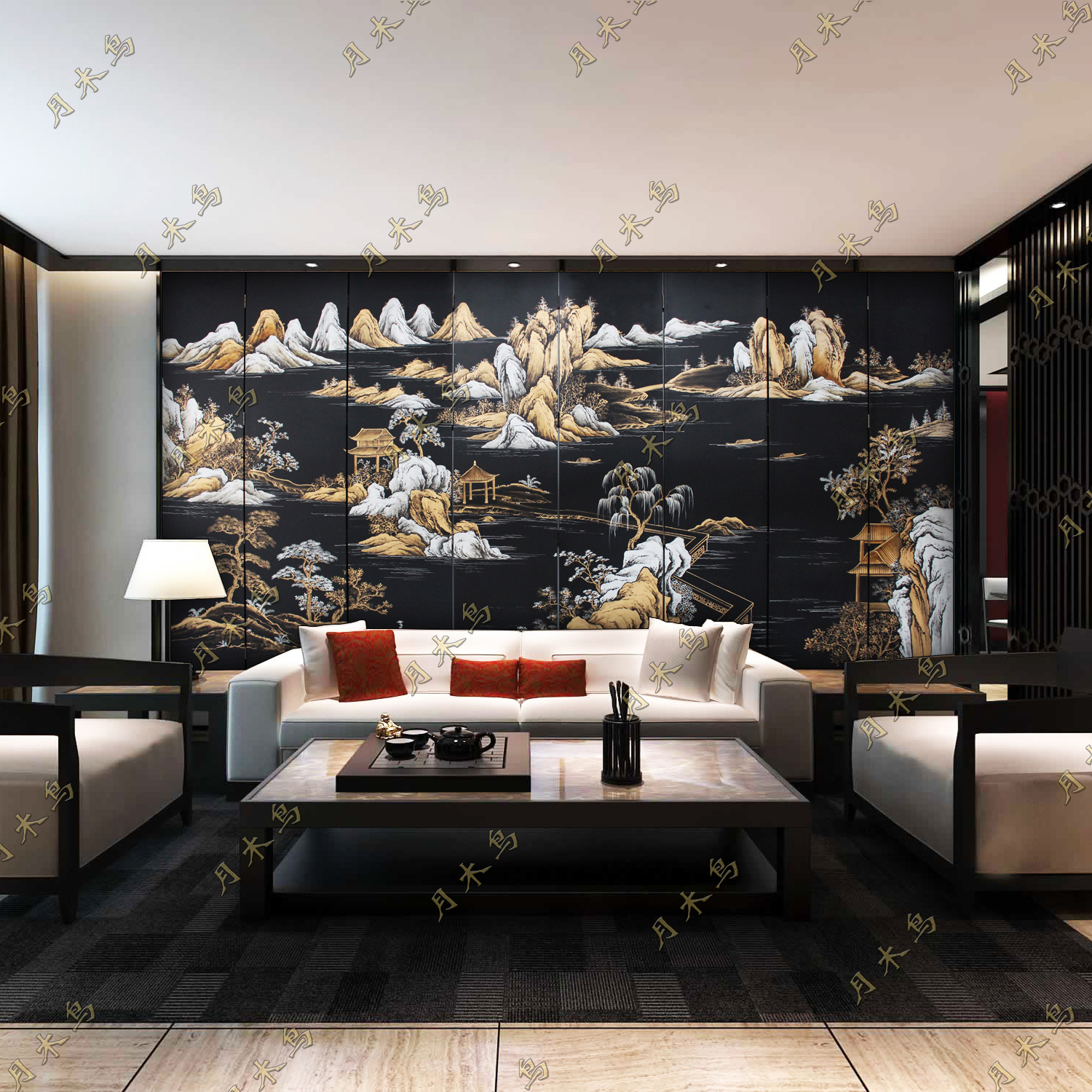 New Chinese profile Classical Black Hand-painted Landscape Screen Family Hotel Clubhouse Sofa Background Wall Partition