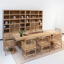 Boss desk solid wood big tea table big painting table calligraphy and painting table conference table new Chinese old elm paint-free tea table and chairs