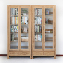 Hongting solid wood bookcase glass door bookshelf with door double door oak bookcase simple study storage cabinet display cabinet