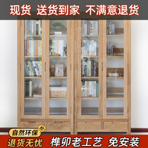 Hongting all solid wood bookcase glass door bookcase with door double door oak bookcase simple study storage cabinet display cabinet