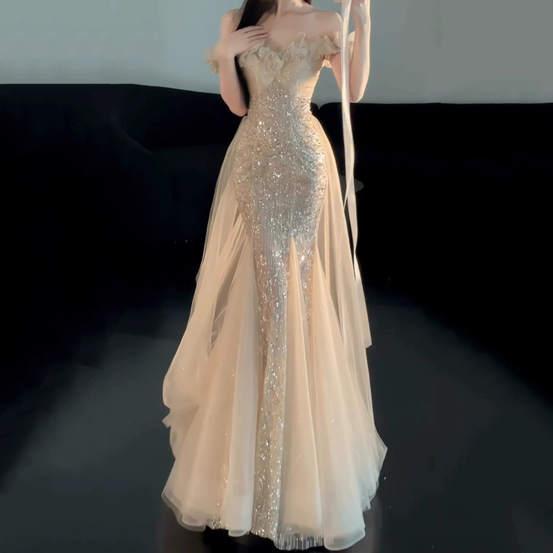 Champagne-Colored Sequin Mermaid Evening Dress for Hosting, Coming-Of-Age Ceremony, Talent Show, Annual Meeting, Performance, Off-The-Shoulder, Light Luxury, High-End
