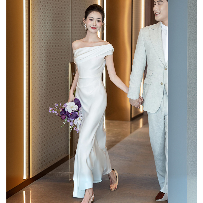 French-Style Engagement Dress, Elegant Satin Toast Dress, Light Wedding Dress for Registration, Simple One-Shoulder Gown for Banquets
