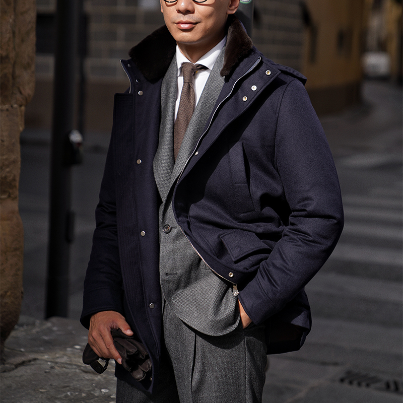 Cm Naples Queen Navy Blue Wool Cashmere Blend Flannel White Goose down N3B Cold-Proof Jacket 185