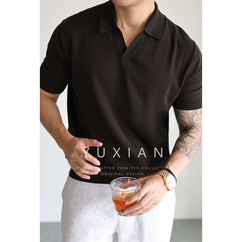 [60-Count Strong Twisted Cotton] American-Style Pure Cotton Seagull Collar Retro Polo Casual Business Knit Short-Sleeve Turn-Down Collar Spring and Summer