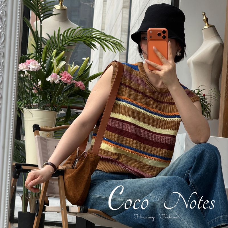 Coconotes [Tencel Linen] Kc6421 Dopamine Striped Knit Vest Women's T-Shirt