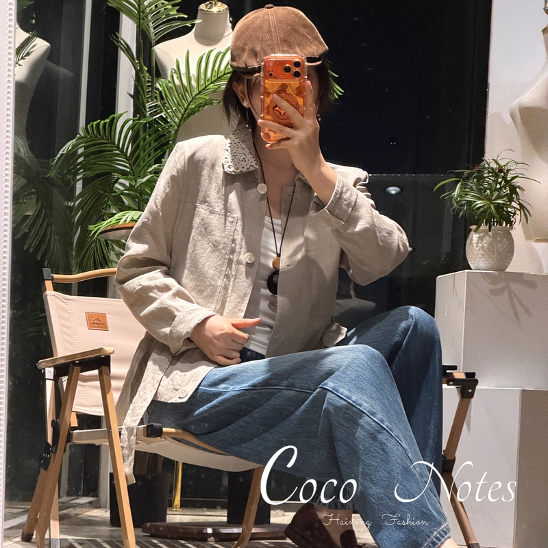 Coconotes【High-End All-Linen】Yjr1065 Lace Crochet Lapel Single-Breasted Waist-Cinching Linen Shirt