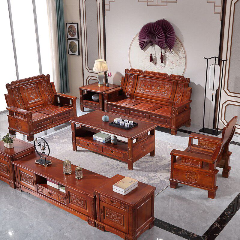 Solid wood sofa Chinese imitation classical three-person combination living room economical Ming and Qing furniture fragrant camphor wood carving imitation mahogany