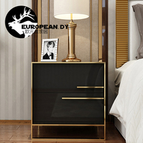  Simple modern bedside table wrought iron storage cabinet Bedroom bedside cabinet paint light luxury stainless steel frame two-drawer cabinet