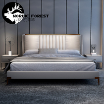 Nordic high-end genuine leather bed solid wood leather bed light extravagant modern minimalist master bedroom with red double wedding bed furniture