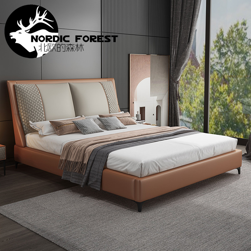Italian-style bed modern minimalist light luxury leather bed Nordic master bedroom small apartment wedding bed double bed high-end 1 8m soft bed