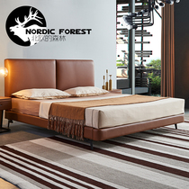 Nordic Solid Wood Leather Bed Master Bedroom Genuine Leather Bed Modern Minimalist Storage Soft Bag Extremely Minimalist Light Lavish 1 8 m Bed Wedding Bed