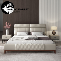 Nordic solid wood bed modern minimalist soft bag storage small family light luxury net red genuine leather bed 1 8 double main bed