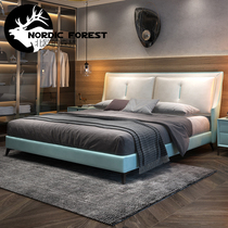  Light luxury Nordic solid wood leather bed Double bed 1 8 meters master bedroom simple minimalist leather art bedside layer cowhide wedding bed