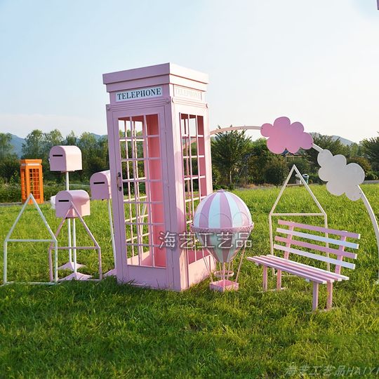 Large Iron Art Mall Display Props, Pink Telephone Booth Mailbox Ornaments, Holiday Supermarket Floor-Standing Soft Decoration
