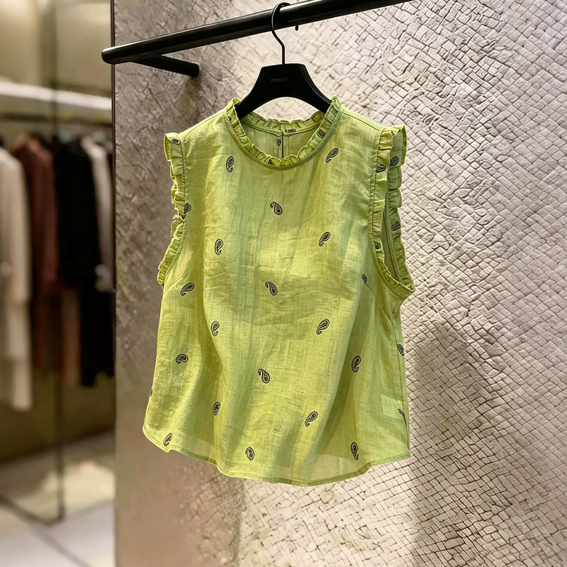 Green Cotton and Linen Sleeveless Vest Shirt for Women, New Summer Style, Age-Reducing, Stylish, Loose-Fitting Blouse with Ruffled Edges, Ramie Top Green Cotton and Linen Sleeveless Vest Shirt for Women, New Summer Style, Age-Reducing, Stylish, Loose-Fitting Blouse with Ruffled Edges, Ramie Top