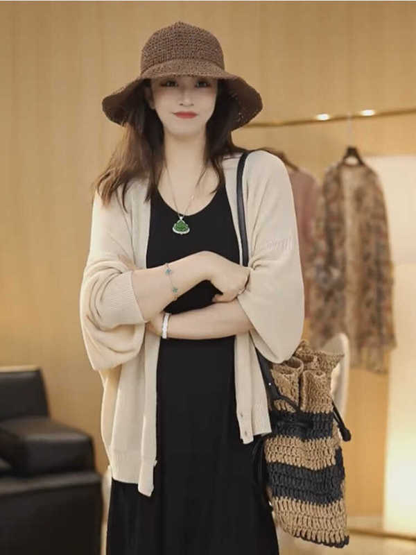 Fashionable and Cool Breathable Knit Outerwear for Travel, 2026 Spring New Style, Elegant Loose Solid Color Long-Sleeve Sun Protection Cardigan