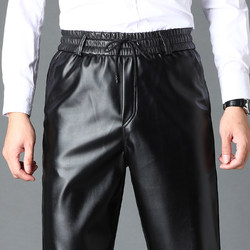 Leather pants men's loose single-layer windproof, waterproof and oil-proof work clothes spring and autumn straight dad wear elastic waist PU leather pants