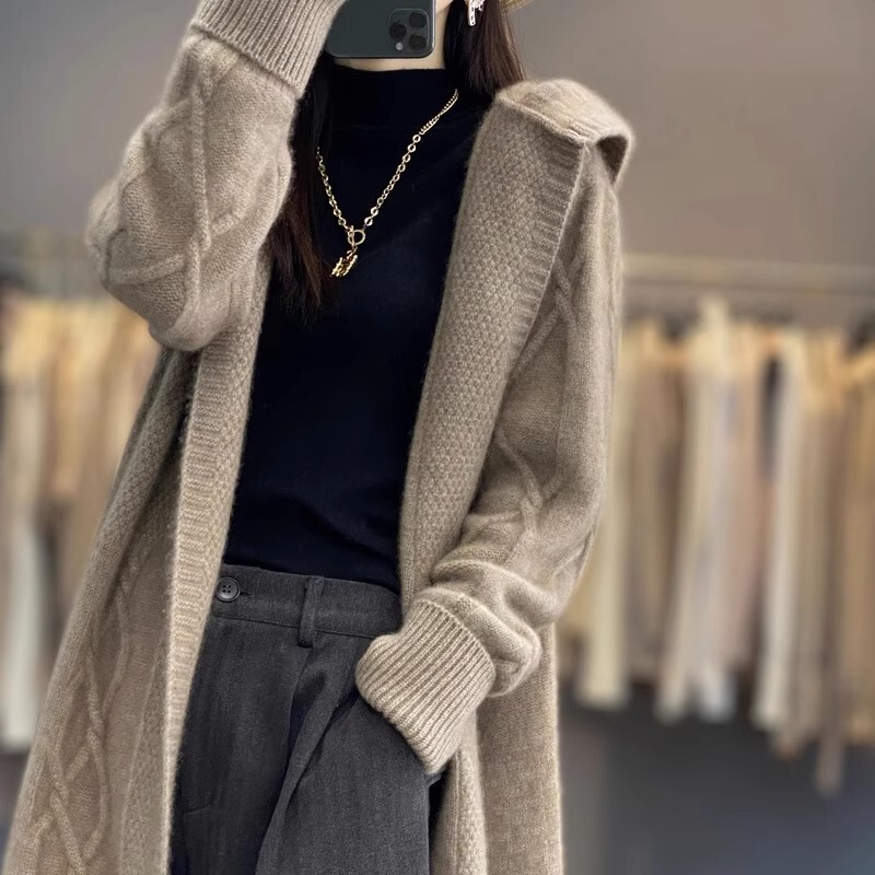 Wool Sweater Diamond-Patterned Hooded Mid-Length Knitted Cardigan 2026 Winter Loose Thickened Comfortable Wool Coat Jacket Wool Sweater Diamond-Patterned Hooded Mid-Length Knitted Cardigan 2026 Winter Loose Thickened Comfortable Wool Coat Jacket