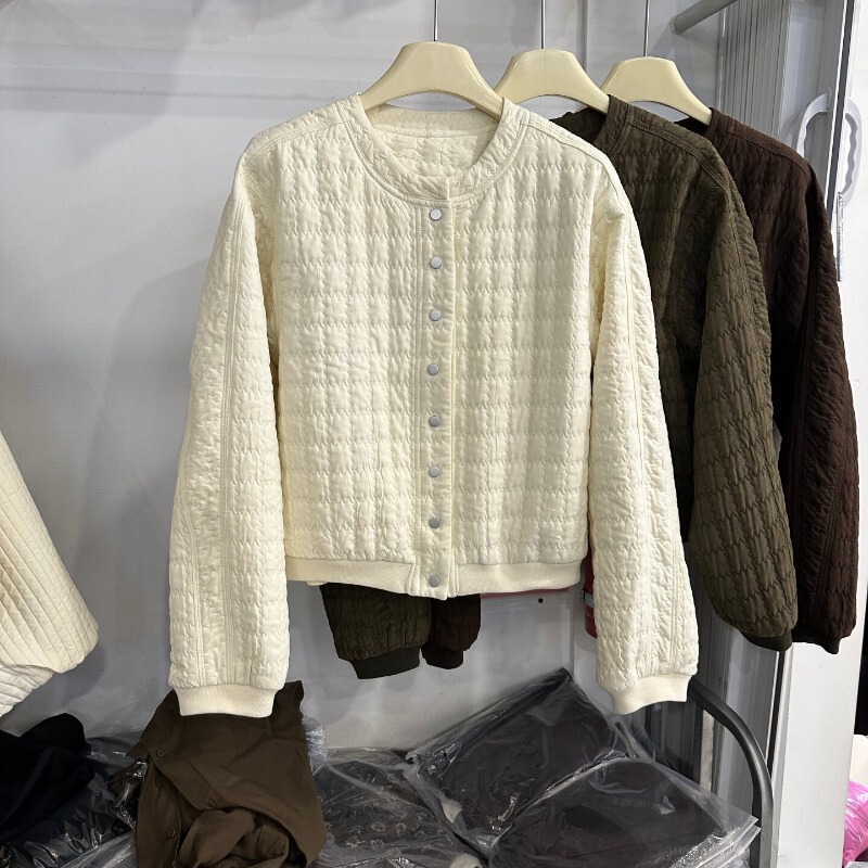 Korean-Style High-End Plaid Quilted Short Jacket for Women, Round Neck, Petite Size, Short Quilted Thin Cotton Coat, Light Cotton Jacket Top