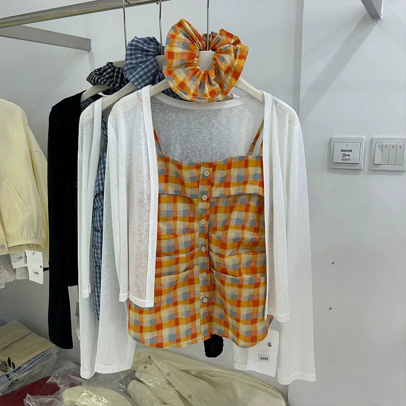 Korean Style Two-Piece Set for Women, 2026 Spring/Summer Slim-Fit Plaid Camisole + Ice Silk Sun-Protective Cardigan Set