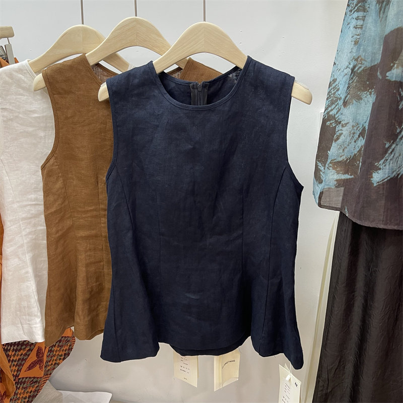 High-End Linen Sleeveless Shirt for Women, Unique Design, Slim Waist, Round Neck, Loose Top, Summer Vest