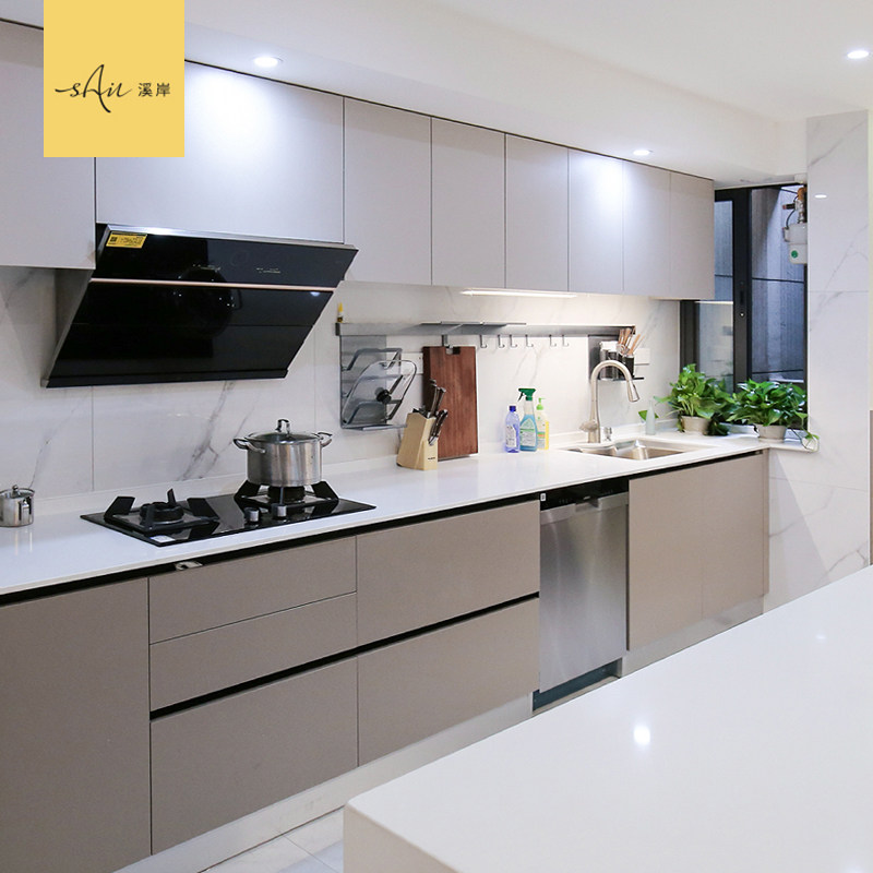 Creek bank kitchen cabinet overall custom modern minimalist one-shaped open quartz stone champagne color kitchen cabinet