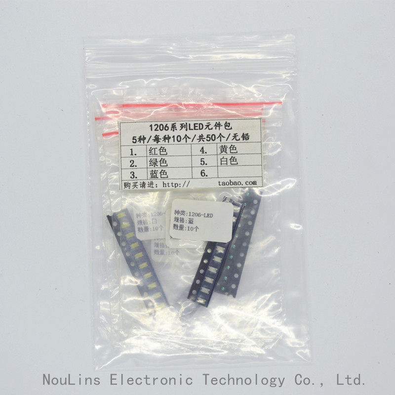 5 types of 1206 LED packs red and green blue yellow white each 10 total of 50 LED elements packs