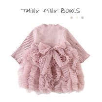 Spring and Autumn Infant Patchy Mesh Trunk Dress Bow Long Sleeve Baby Knitted Princess Dress