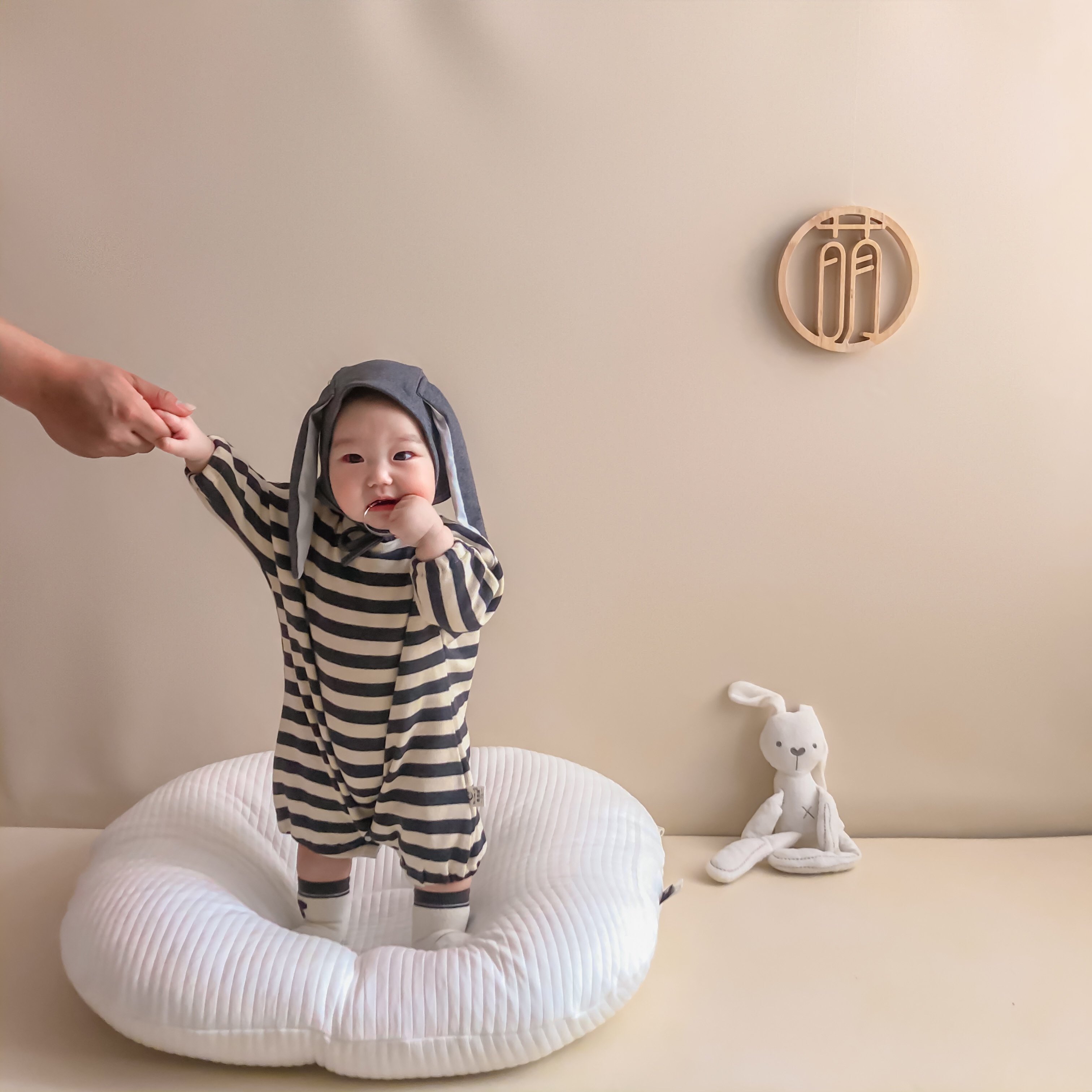 ins new autumn baby cute rabbit ears climbing clothes for men and women baby striped loose one-piece romper with hat