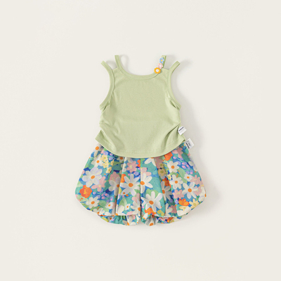 Girls' Summer Outfit: Sweet Thin Vest and Floral Bloomers, Stylish Summer Suspender Shorts for Baby Girls — 2