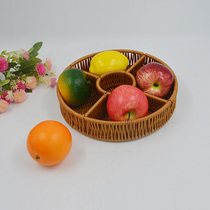 Huangtuo craft five-grid divided plate rattan tray round fruit plate home living room desktop snacks fruit storage basket